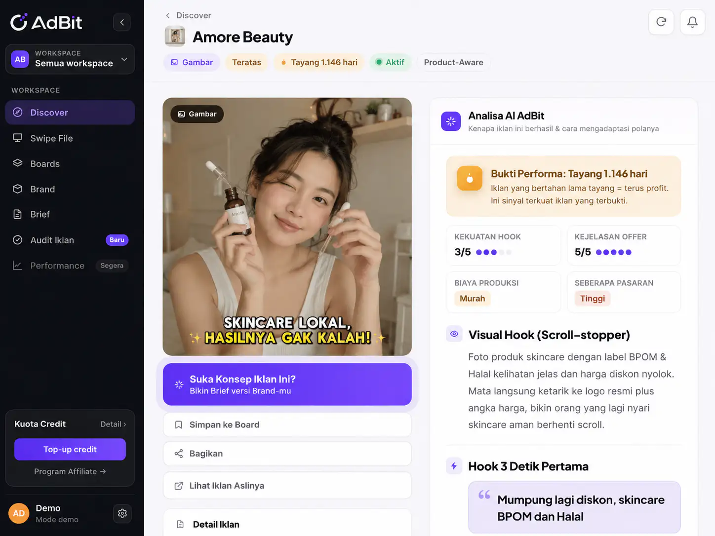Tampilan AdBit: iklan terbukti tayang 1.146 hari beserta analisa AI-nya dalam Bahasa Indonesia